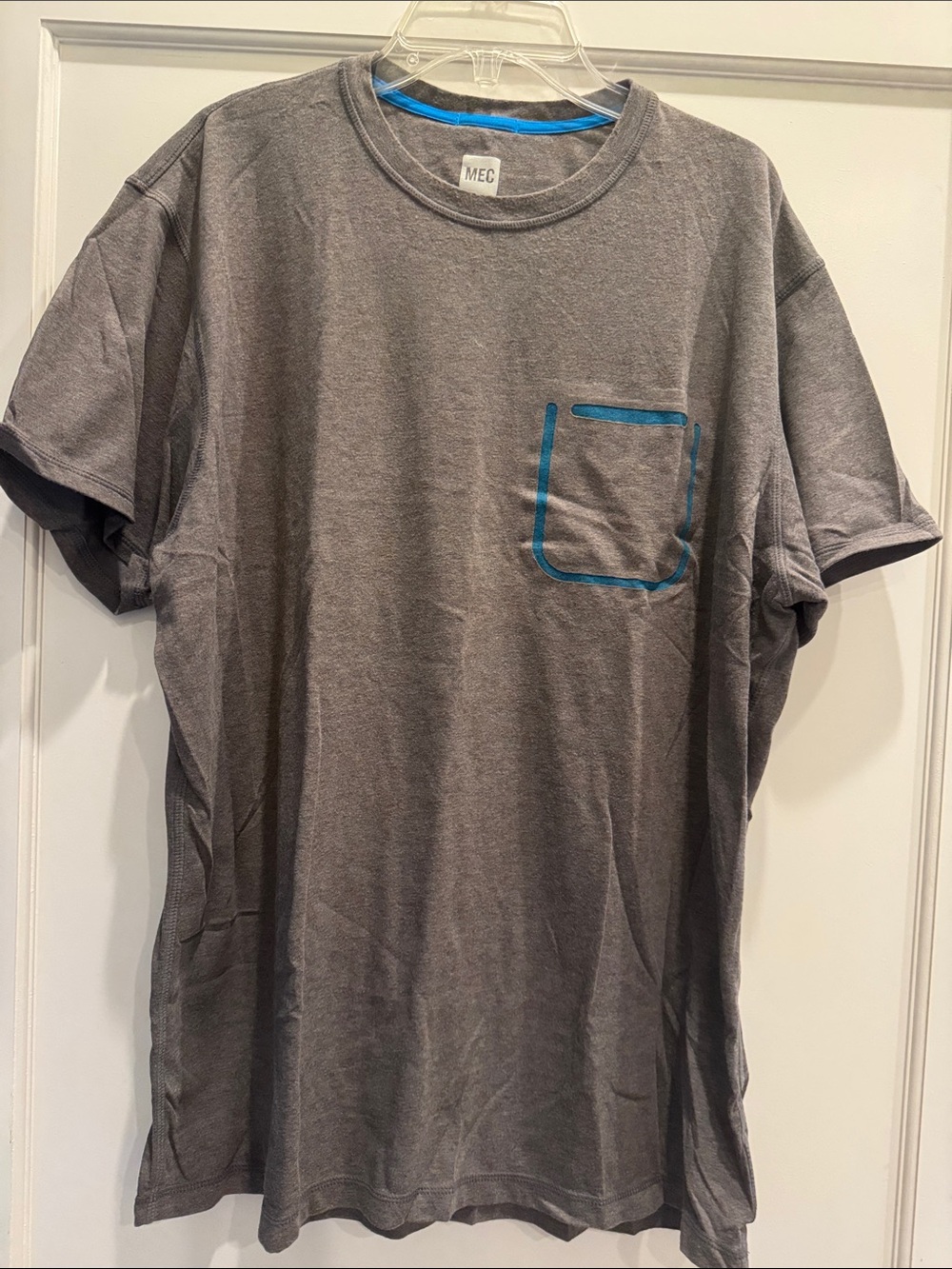 MEC Gray Short Sleeve Tee with Blue Pocket Piping